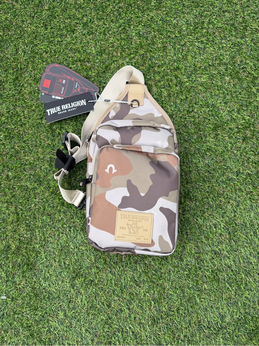 True Religion Camo Sling Bag in Beige, Brown & Tan